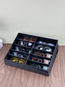 Wooden 12-Slot PU Leather Eyeglass Storage Box, 8-Slot Sunglasses Organizer, Multi-Layer 24-Slot Eyewear Display Case With Drawer, Transparent Glass Top, Black