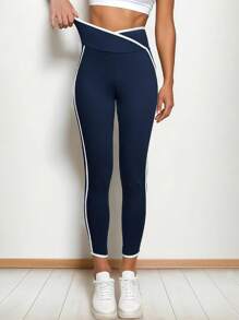 1pc Women's Contrast Color Stripe Yoga Pants, High Waisted, Tummy Control, Butt Lifting, Smoothing, Workout, Gym, Running Leggings