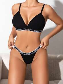 女士黑色字母胶带优雅舒适性感内衣套装 - 黑色 - 查看 5