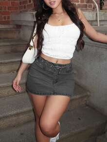 High Waist A-Line Solid Color Slim Fit Casual Denim Mini Skirt, Summer - Xám - Xem 1