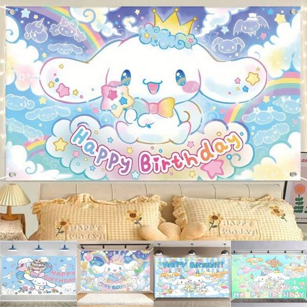 Sanrio 1 pieza Paño de fondo decorativo para fiesta de cumpleaños con diseño de rollitos de canela, fondo azul de fibra de poliéster, adecuado para fiestas de cumpleaños y revelación de sexo de bebé, tamaño 150 * 100cm