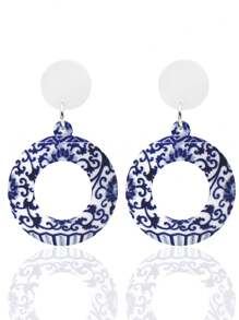1 para nowych chińskich retro stylowych unikalnych niebieskich i białych porcelanowych pustych kwiatowych kolczyków, lekkie akrylowe geometryczne kolczyki wiszące, spersonalizowany prezent dla kobiet