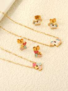 Set de collier et boucles d'oreilles en acier inoxydable pour femmes, avec gouttes de couleurs douces, poney mélangé et papillons. Bijoux personnalisés créatifs, cadeau idéal pour l'été