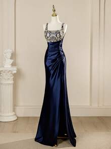 高贵奢华方领无袖图腾刺绣女士优雅开衩连衣裙 - 藏蓝色 - 查看 8