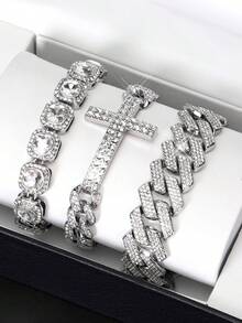 3 buc/set brățară cu pandantiv cruce Ice Out rotundă cu lanț Tenniers și brățară cubaneză Miami Set pentru tânăr bărbat și femeie cubaneză lanț cruce punk set de brățări cu pandantiv Unisex cadou pentru bărbați și femei potrivit pentru zi cu zi și petrecere - A - Vizualizare 2