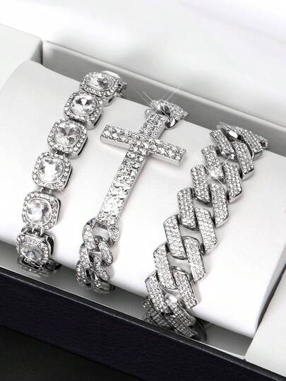 3 件套 Ice Out Cross Charms 手链圆形 Tenniers 链和迈阿密链手链套装适合年轻男女链朋克十字架吊坠手链套装男女通用礼物适合日常和部分