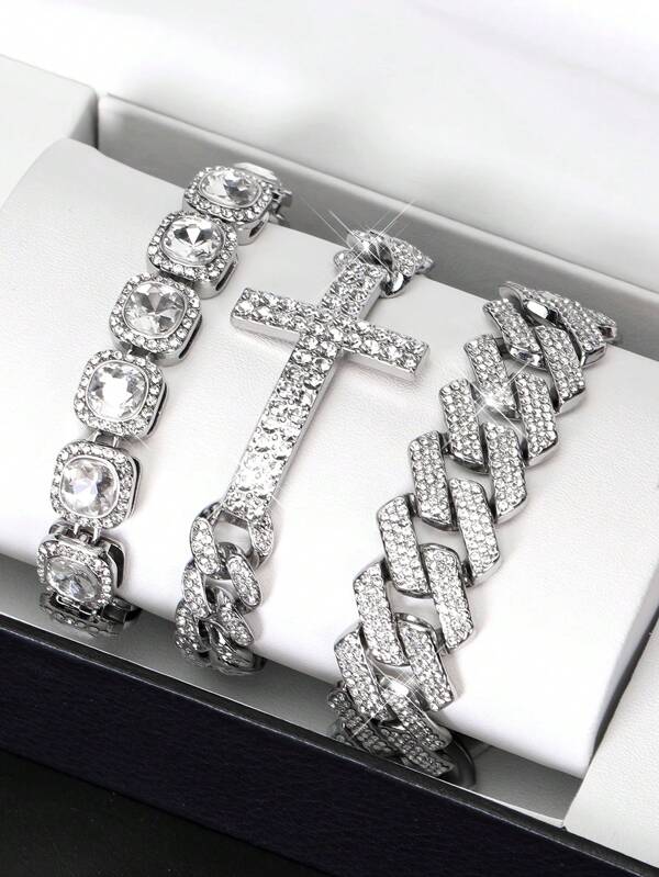 3 Stücke/Set Eisdekor Kreuz Charms Armband Runde Tenniers Kette und Miami Kubaner Gliederkette Armband Set für junge Männer Frauen, Kubaner Kette Punk Kreuz Anhänger Armband Set, unisex Geschenk für Männer und Frauen, geeignet für Alltag und Partys