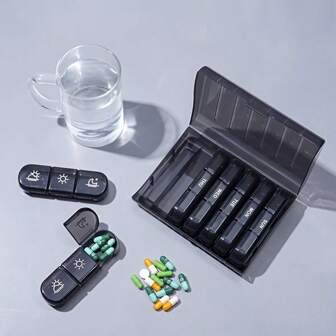 7-Day Pill Organizer - Black Inner And Outer Boxes For Morning & Night Dosing, Plastic Storage Box For Daily Supplements, Medication Management | Colorful Design | Plastic Storage Box, Pill Organizer