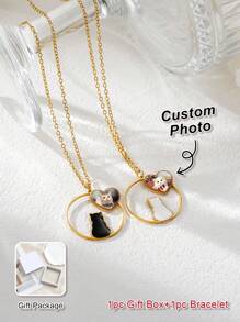 Customized Double-Sided Photo Necklace, Stainless Steel Women Cat Silhouette Pendant Necklace, Customized Pet Photo, Family Photo, Pet Memorial Gift, Gift For Friends, Birthday Gift, Thanksgiving Gift, Easter Gift