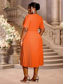 Plus Size Women's Short Sleeve Notched Collar Double-Breasted Faux Pleated Midi Dress, Suitable For Commuting, Office, Formal, Casual, And Daily Wear - Orange - View 3