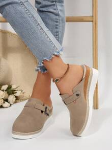 New Women Mule Slides Thick Sole Round Toe Slip On Faux Suede Wedge Shoes, Beige - Beige - View 3