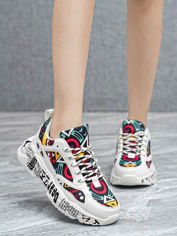 Women's Casual Color Block Random Print Lace-Up Athletic Sneakers, Personalized Outdoor Jogging Comfortable Lightweight Campus Versatile Running Shoes