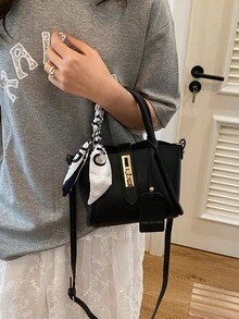 1pc Fashion Simple Buckle PU Dual Compartment Shoulder/Crossbody/Handbag With Random Scarf, Suitable For Daily Use - Black - View 4