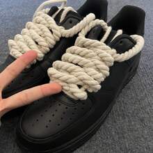 2 Pairs Of Round 8mm/5mm Solid Color Hand-Woven Hemp Rope Thick Shoelaces - 8mm+5mm-đen - Xem 3