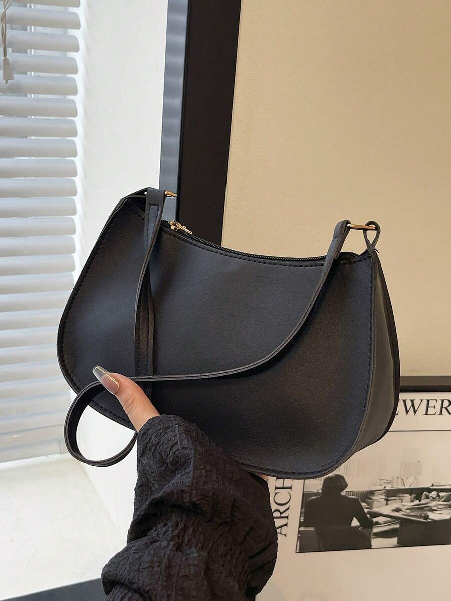 Solid Color Embossed Geometric Zipper Shoulder Bag, Fashion Retro Casual Waterproof Handbag For Women, Suitable For Office, Work, Business, Commute - Black - View 1