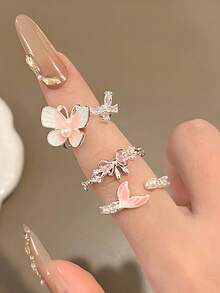 1件甜美花卉渐变粉色鱼尾油滴蝴蝶戒指女简约小众百搭独特高端麻花图案食指戒指 - 銀色 - 查看 5