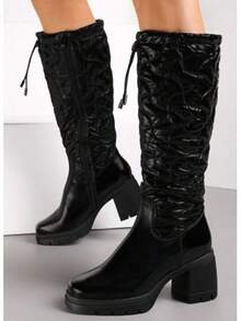 Bottes à talon compensé épais, bout rond, couleur unie avec cordon de serrage, pour un port casual au quotidien - Noir - Voir 2