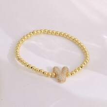 1pc, 18k Gold Plated A-Z Initial Bubble Bracelet Classic Fashion CZ Pave Charm Beads Stretch Design Gift