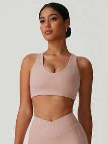 GOSOUER Damen Herz-förmiger, Cut Out schöner Rücken Fitness Sport-BH mit abnehmbaren Brustpolstern - Altrosa - Übersicht 5