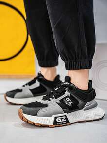 男士时尚厚底撞色厚底运动鞋，透气舒适运动鞋，系带户外跑步鞋 - 黑色 - 查看 3