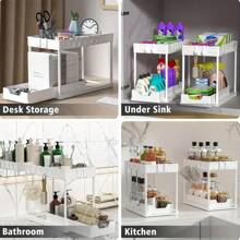 HOUSHELIF 1 pieza Organizador y almacenamiento bajo el fregadero en blanco, organizador de cesta de gabinete corredizo de 2 niveles con ganchos, almacenamiento resistente a la oxidación para espacios estrechos en baño, cocina y oficina.