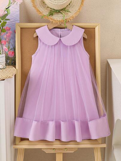 Young Girl' Sweet Mesh Layered Princess Dress, Sleeveless Collar Formal Dress, Summer