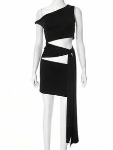 女式性感不对称领口无袖迷你紧身连衣裙，带镂空垂坠细节，采用中度弹力针织面料 - 黑色 - 查看 7