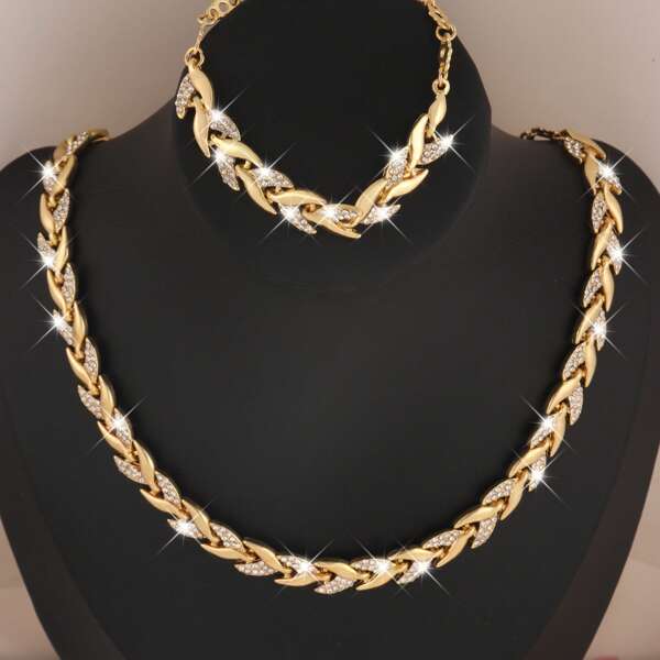 1 pieza Juego de collar con cadena y cristal en color oro rosa + 1 pieza Pulsera, elegante y de moda, conjunto de joyas para mujer, adecuado para fiesta y banquete a juego