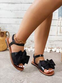 Women's 2025 Summer New Fashion Sweet Style Wide Strap Bow Decor Elastic Ankle Strap Flat Sandals, Soft Sole Comfortable Anti-Slip Suitable For Work And Casual Outfits