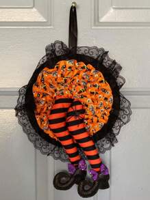 1 pièce Couronne d'Halloween de 40*26cm comme du tissu, décoration de couronne de porte d'entrée pour Halloween, pour porte, porche, fenêtre, décoration de fête intérieure - Orange/Violet