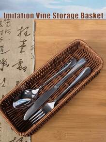 1pc Imitation Rattan Storage Basket, 3 Sizes Creative Portable Household Spoon Fork Knife Storage Container Suitable For Knives, Forks, Spoons, Tableware, Makeup Tools, Office Stationery, Tool Desktop Storage, Tableware Drainage Storage Box, Household Tableware Storage Box, Kitchen Accessories.