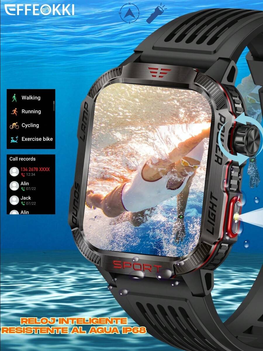 Reloj inteligente resistente para hombres Effeokki con llamadas inalámbricas, pantalla IPS de 2.01 pulgadas, talla grande de 100 modos deportivos, rastreador de actividad física, altitud, presión atmosférica, brújula, linterna LED, resistente al agua IP68, compatible con iPhone y Android para exteriores y aventura