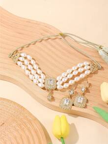 1 套女士项链耳环首饰套装，中东时尚首饰套装，复古宫廷风格新娘婚礼项链耳环套装 - 水滴形 - 查看 11