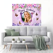 1 tấm phông nền sinh nhật hình bướm màu tím mộng mơ, có thể tùy chỉnh tên và ảnh, họa tiết hoa lấp lánh vàng, thiết kế tên và ảnh cá nhân hóa, phù hợp cho tiệc sinh nhật, tiệc cưới, phông nền chụp ảnh, banner vinyl. - Bướm tím - Xem 7