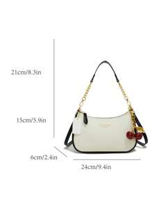 Nuevo bolso de hombro de moda clásico con diseño de letras decorativas, de unicolor, de tela impermeable de PU, adecuado para ir de compras, puede cruzarse. Con decoración de colgante de cereza, bolso medialuna de verano, vacaciones junto al mar, temporada escolar, monedero de señora.