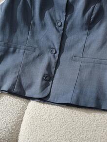 2件套女士夏季休闲单排扣背心和短裤套装 - 藍灰色 - 查看 5