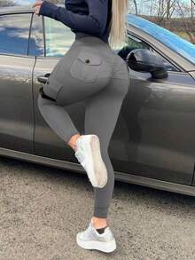 Y2K Yoga Leggings, High Waist Tummy Control, Butt Lifting, Suitable For Fitness & Sports, With Flap Pockets, Women Spring - Khói xám - Xem 2