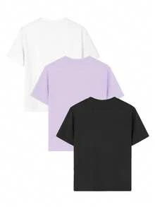 3pcs/Set Tween Girl Casual Printed Round Neck Short Sleeve T-Shirt, Summer Student Clothing - Colorful T-Shirts Bring Joy To Every Child! Graphic Tee Tops, Summer - Purple - View 7