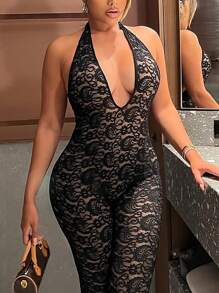 New Spring/Summer Sexy Lace Patchwork Backless Halter Jumpsuit