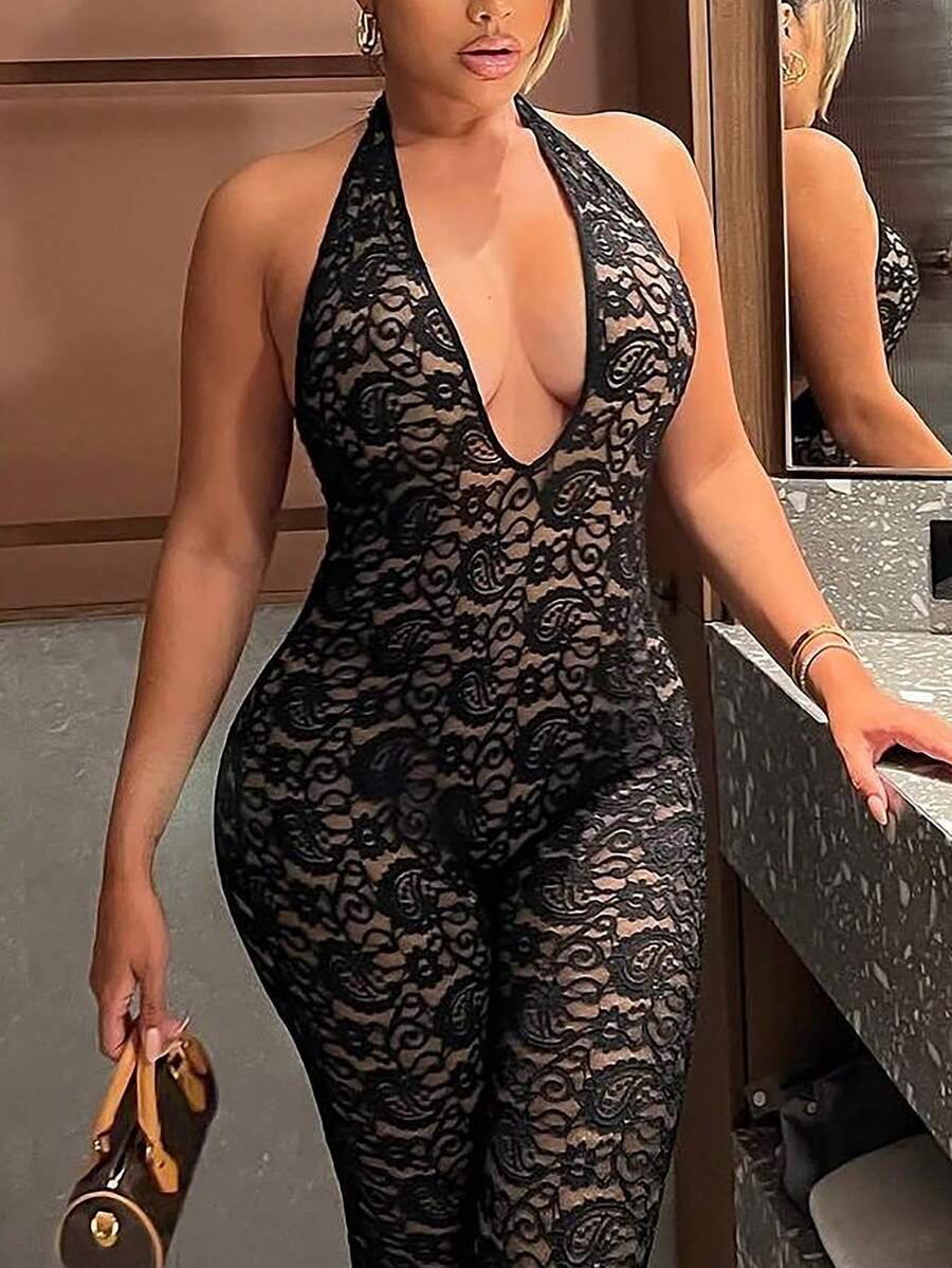 New Spring/Summer Sexy Lace Patchwork Backless Halter Jumpsuit