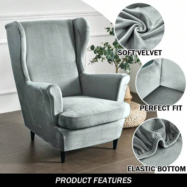 Stretch Wingback Chair Covers, 2 Pieces Armchair Slipcover Velvet Wingback Sofa Chair Slipcover Non-Slip Furniture Protector For Living Room Bedroom