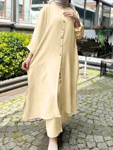 Set da 2 pezzi, vestito con bottoni anteriori, scollo rotondo e spacco laterale e pantaloni, stile arabo, per donna - Albicocca - Visualizzare 5