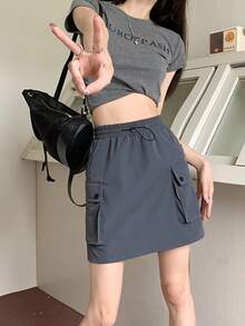 Trabajo Color Sólido Falda Medio Cuerpo faldas para mujer Verano Diseño Delgado Paquete Cadera Falda Cintura Alta Pequeña a-line Falda Corta Pantalones - Gris - Ver 2