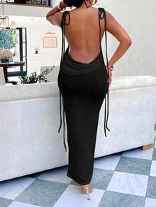 Women's Black Elegant Backless Maxi Dress - Sexy Tie-Detail Evening Gown In Solid Color, Stunning Party Dress For Galas & Night Out - 黑色 - 查看 1