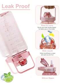 1 pieza Botella de agua de 2000ml o 750ml con flujo de agua rápido y a prueba de fugas, botellas de agua para fitness, gimnasio, exteriores, oficina, vuelta al cole (Rosa) con marcador y pajita, jarra de agua de gran capacidad, Artículos esenciales para un viaje de verano a la playa