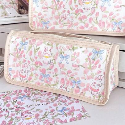 1 件可爱花卉简约大容量铅笔盒笔筒，时尚实用，适用于办公室、学校、文具、返校、化妆品收纳