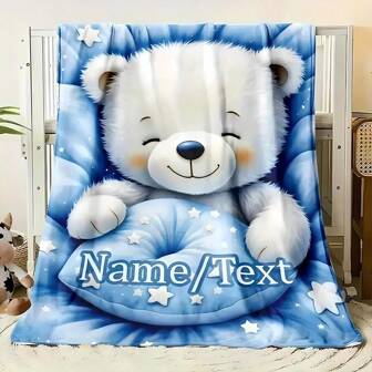 Personalized Bear And Star Design Name Blanket, Customized Name Children's Room Blanket, Suitable For Boys Or Girls, Cozy Flannel Wool Blanket, Fit For Crib Or Baby Shower Gift