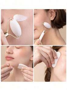 1 Pc Face Beauty Massage Tool Set, Including Roller, Massage Board, Body Back Gua Sha Board, Pink And White, Face Massager Roller For Lifting And Tightening, Gua Sha Board Facial Massage Tool, Imitate Jade Roller - Multicolor - View 2