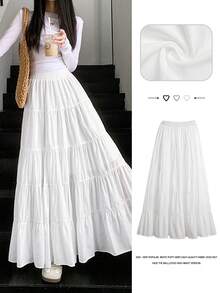 温柔甜美白色蛋糕裙，高腰修身简约A字裙，百褶下摆，女款，秋冬