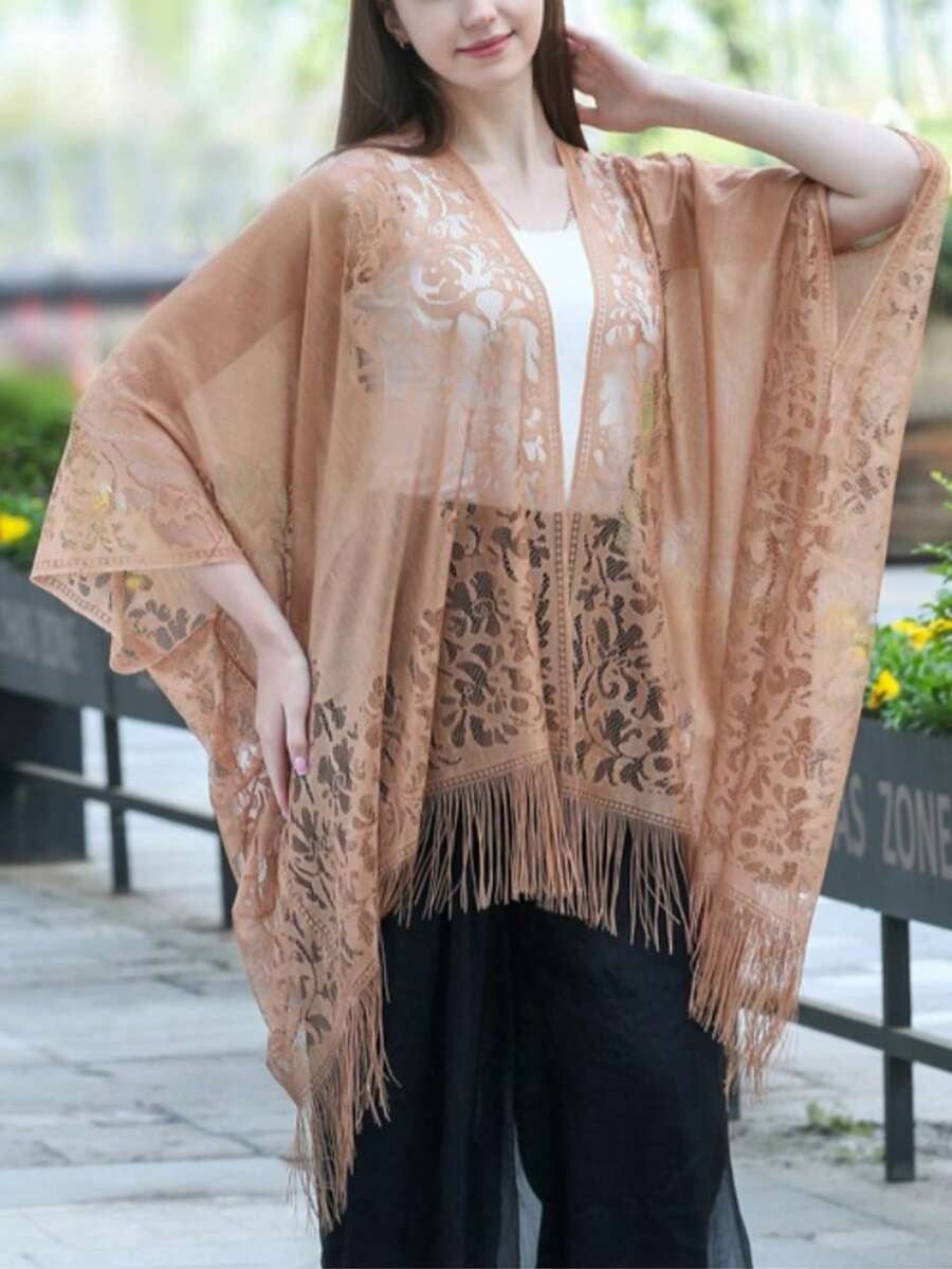 Woman's Plus Size Friendly Boho Cover Up, Lace Kimono, Women's Plus Floral Lace Batwing Sleeve Cover-Up, Open Front Tassel Trim Kimono, Lightweight Beach Cover Up - Cà phê nâu - Xem 1